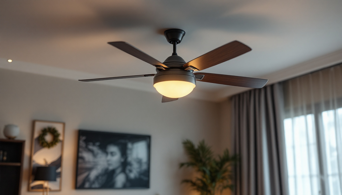 A photograph of a stylish ceiling fan with integrated lighting