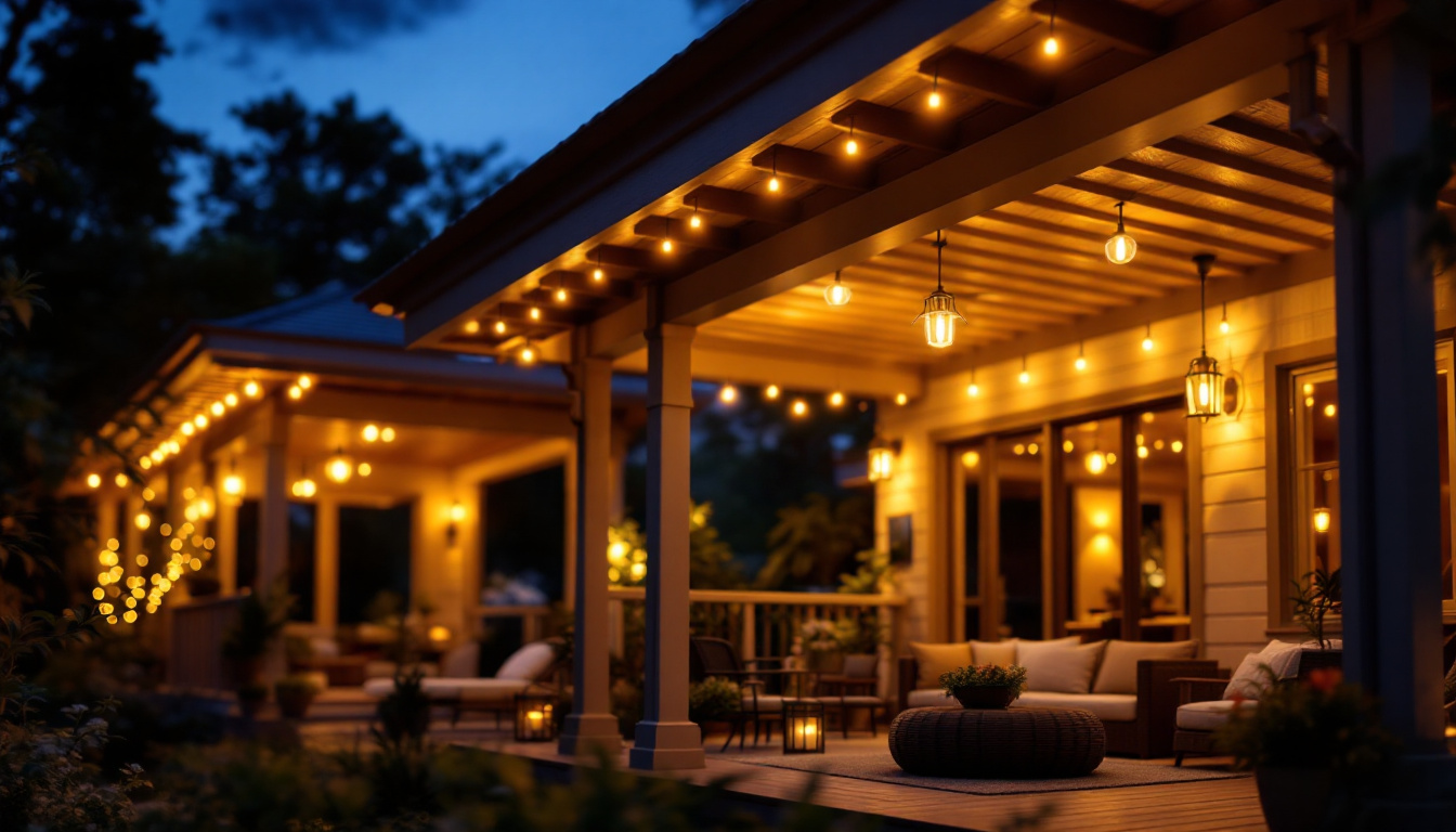 A photograph of a beautifully designed outdoor porch featuring stylish ceiling lights illuminated at dusk