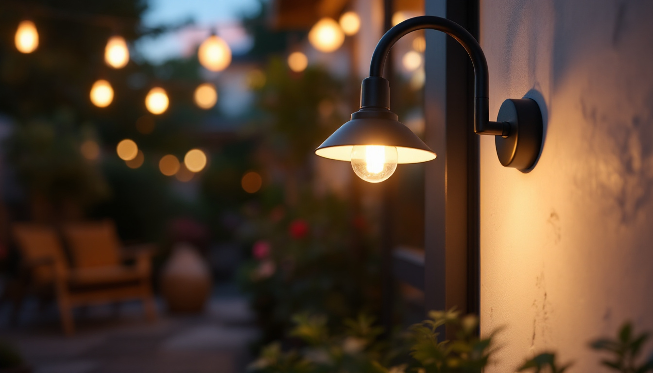 A photograph of a stylish gooseneck outdoor light fixture elegantly illuminating a cozy patio or garden setting during twilight