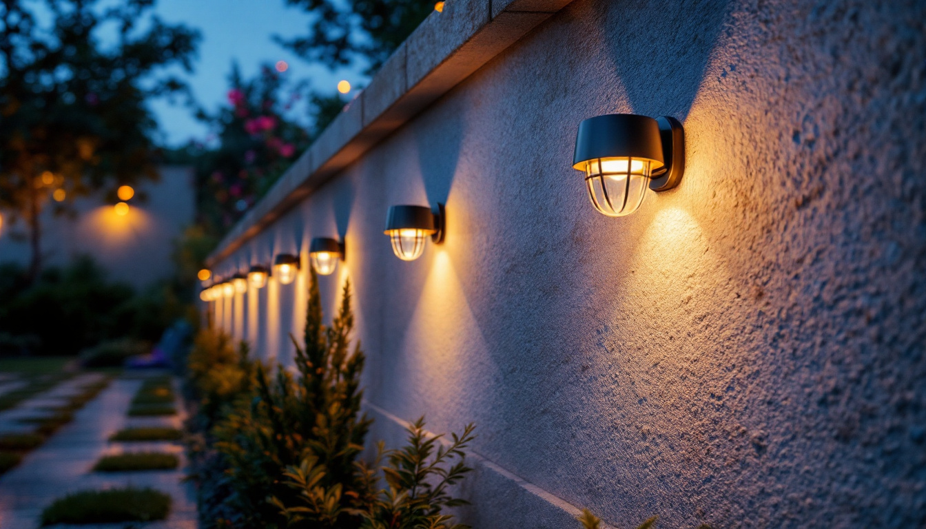 A photograph of a beautifully illuminated outdoor wall featuring solar lights in a serene garden setting during dusk