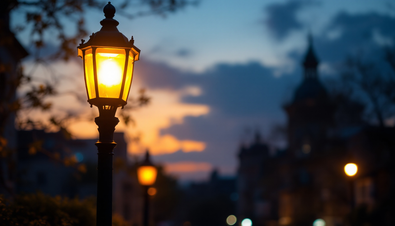 A photograph of a beautifully lit street light lamp post at dusk