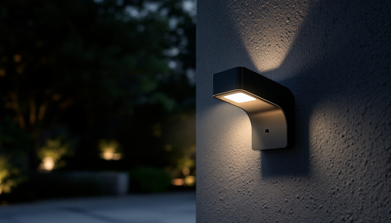 A photograph of a sleek led motion light installed in a dimly lit outdoor setting