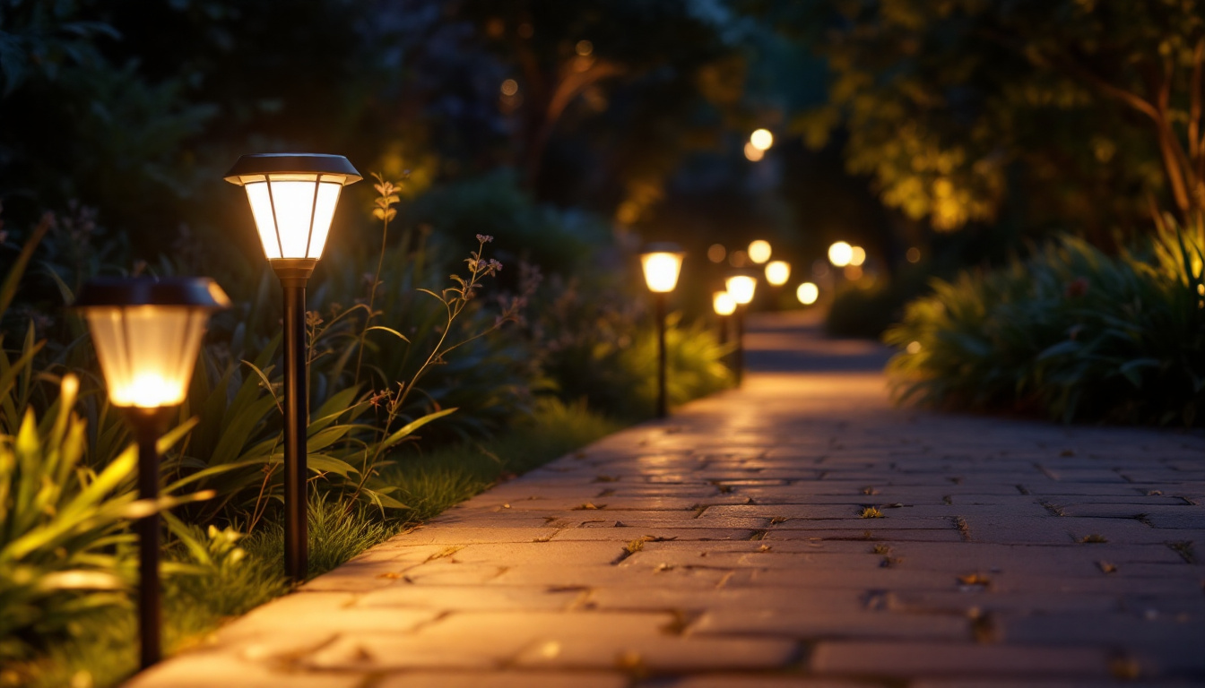 A photograph of a beautifully illuminated walkway at dusk