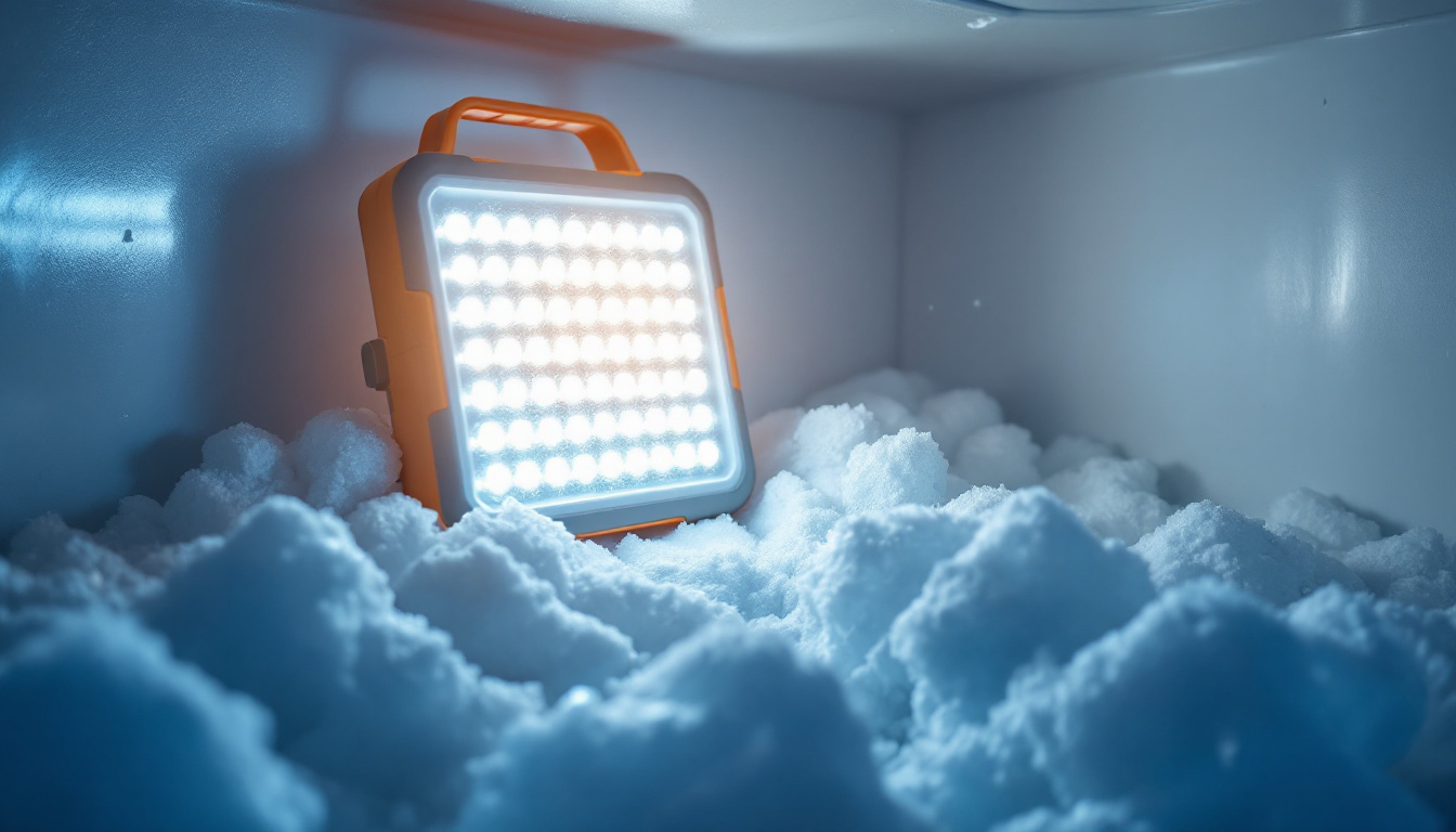 A photograph of a well-lit portable led light illuminating the interior of a freezer