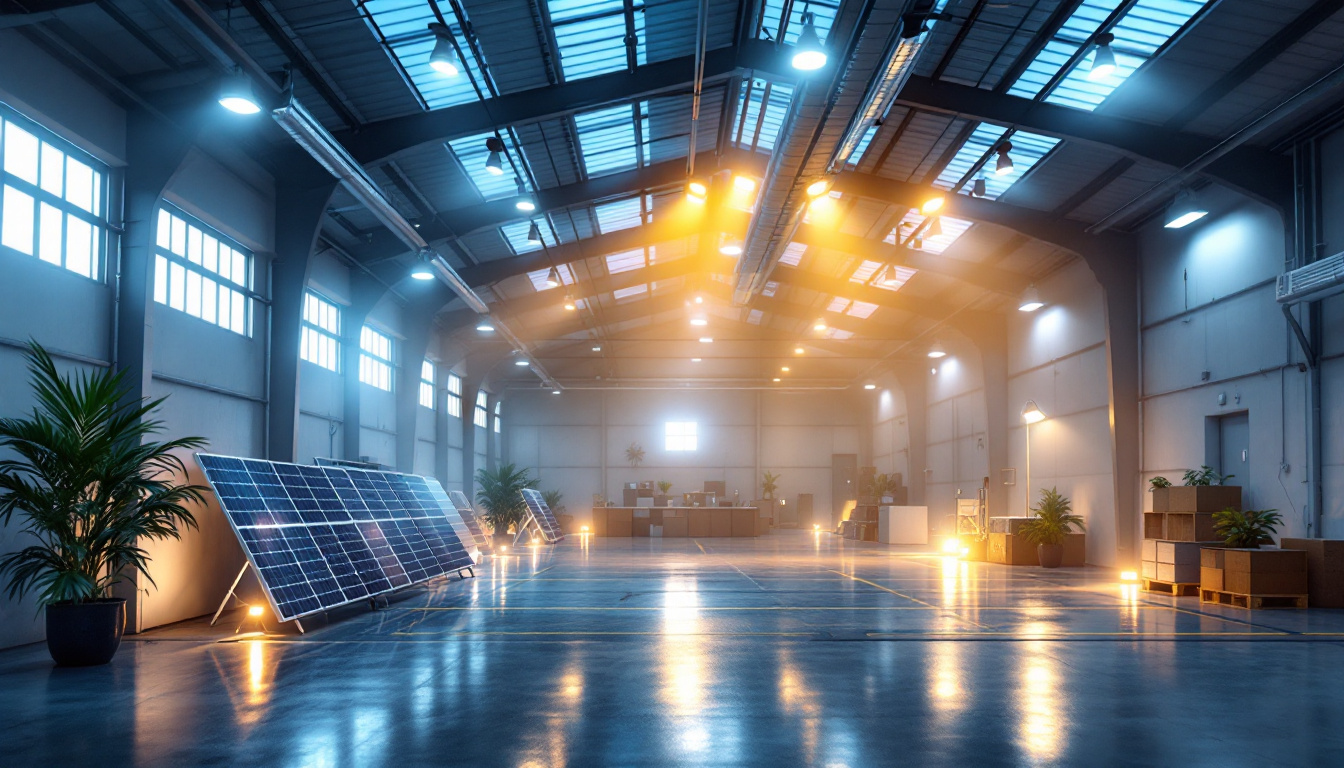 A photograph of a well-lit solar warehouse interior showcasing various lighting solutions