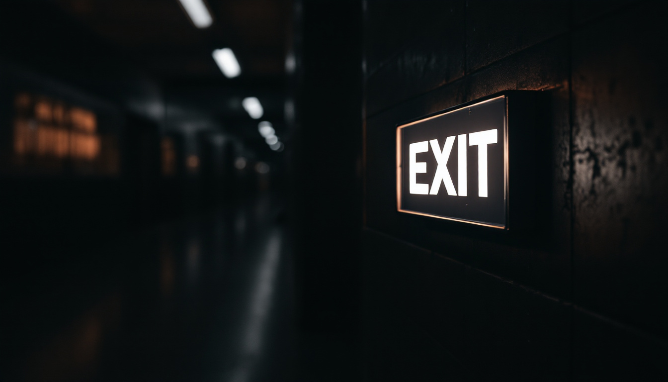 A photograph of a well-lit illuminated exit sign in a dimly lit corridor