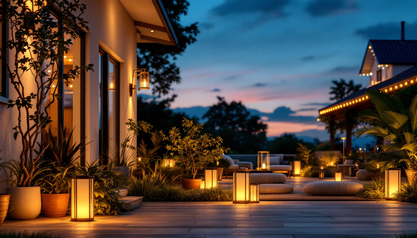 A photograph of a beautifully lit outdoor space featuring a variety of stylish house lamps in use