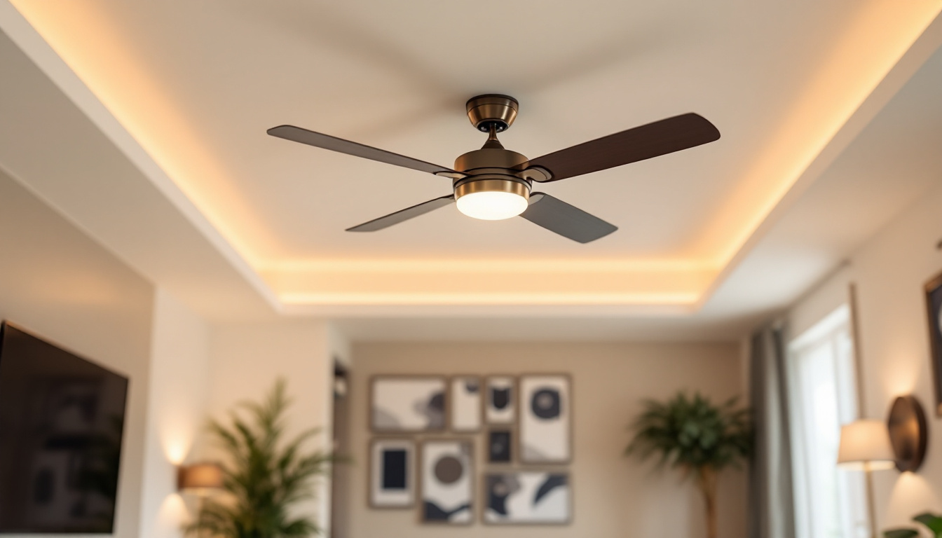 A photograph of a stylish ceiling fan with integrated light fixtures in a well-decorated living space