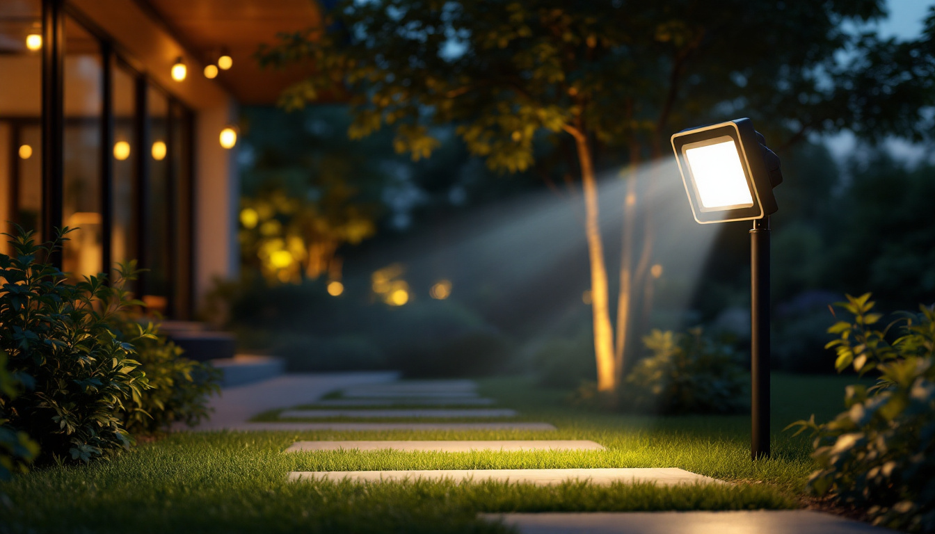 A photograph of a beautifully illuminated outdoor space featuring a stylish flood light in action