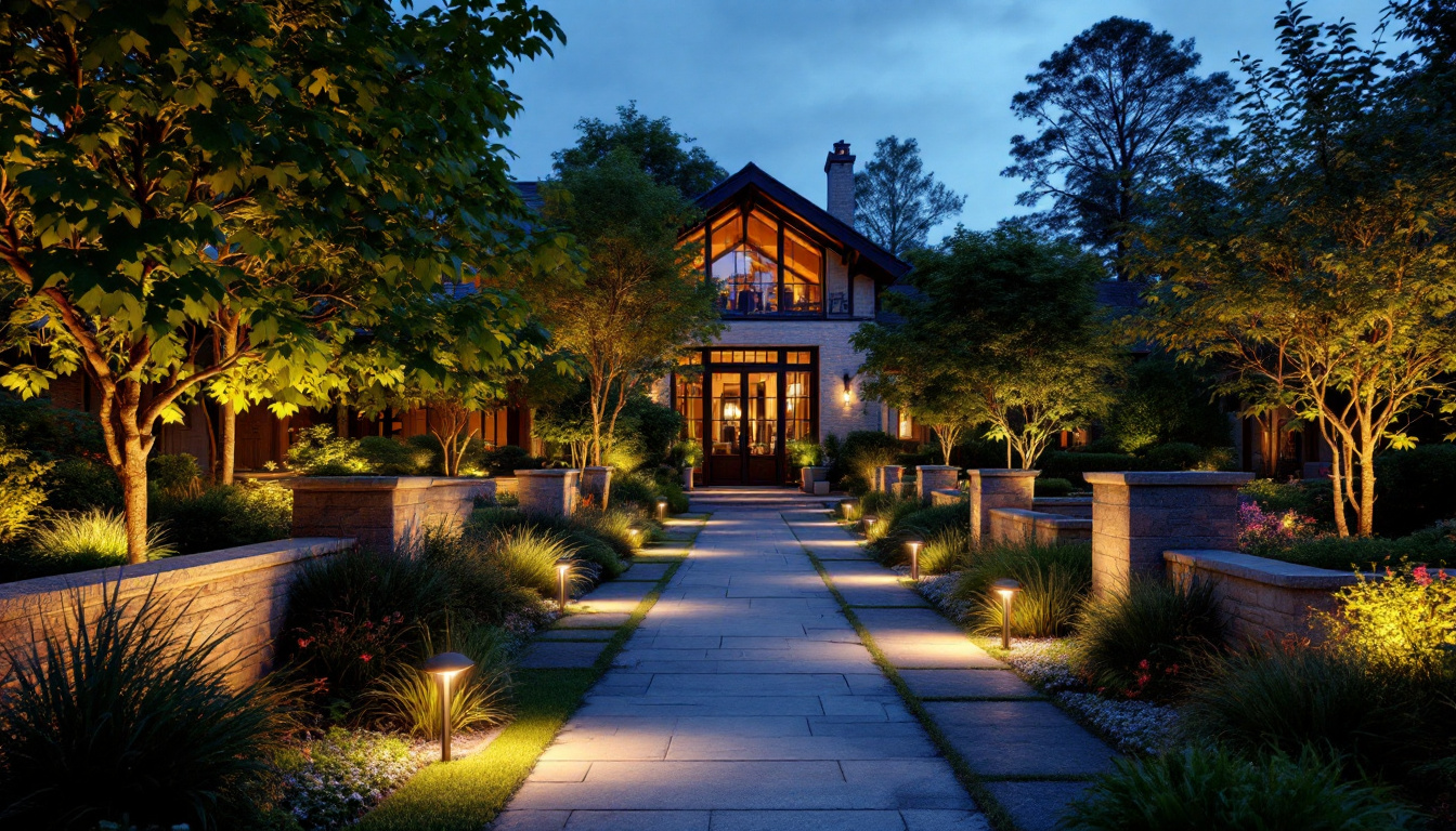 A photograph of a beautifully illuminated garden or outdoor space at dusk