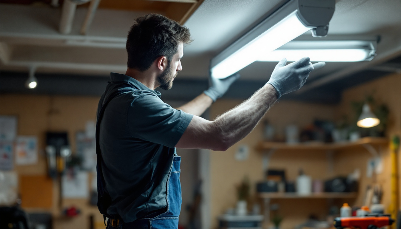 A photograph of a person safely changing out a fluorescent light fixture