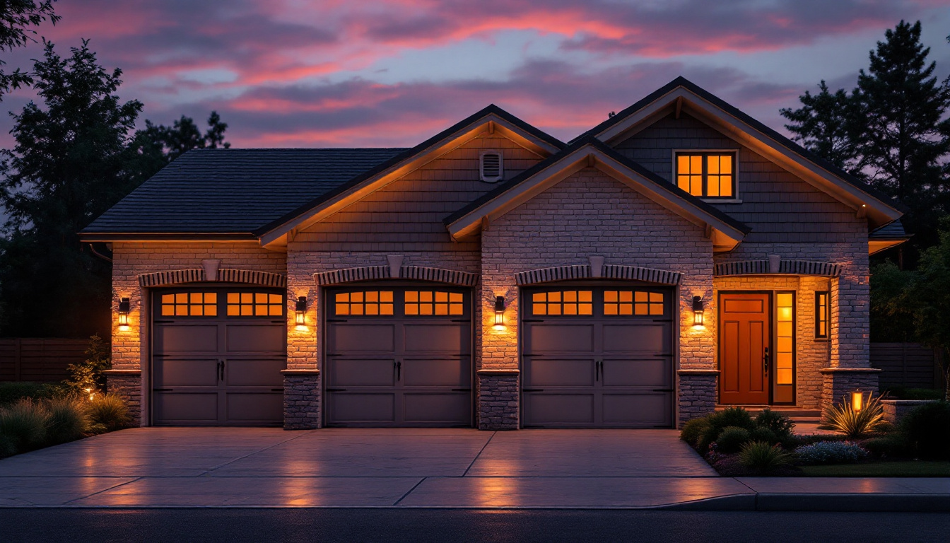 A photograph of a beautifully illuminated garage exterior at dusk