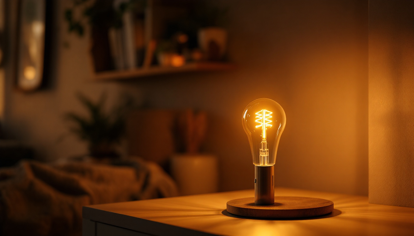 A photograph of a stylish a19 led lamp illuminated in a cozy