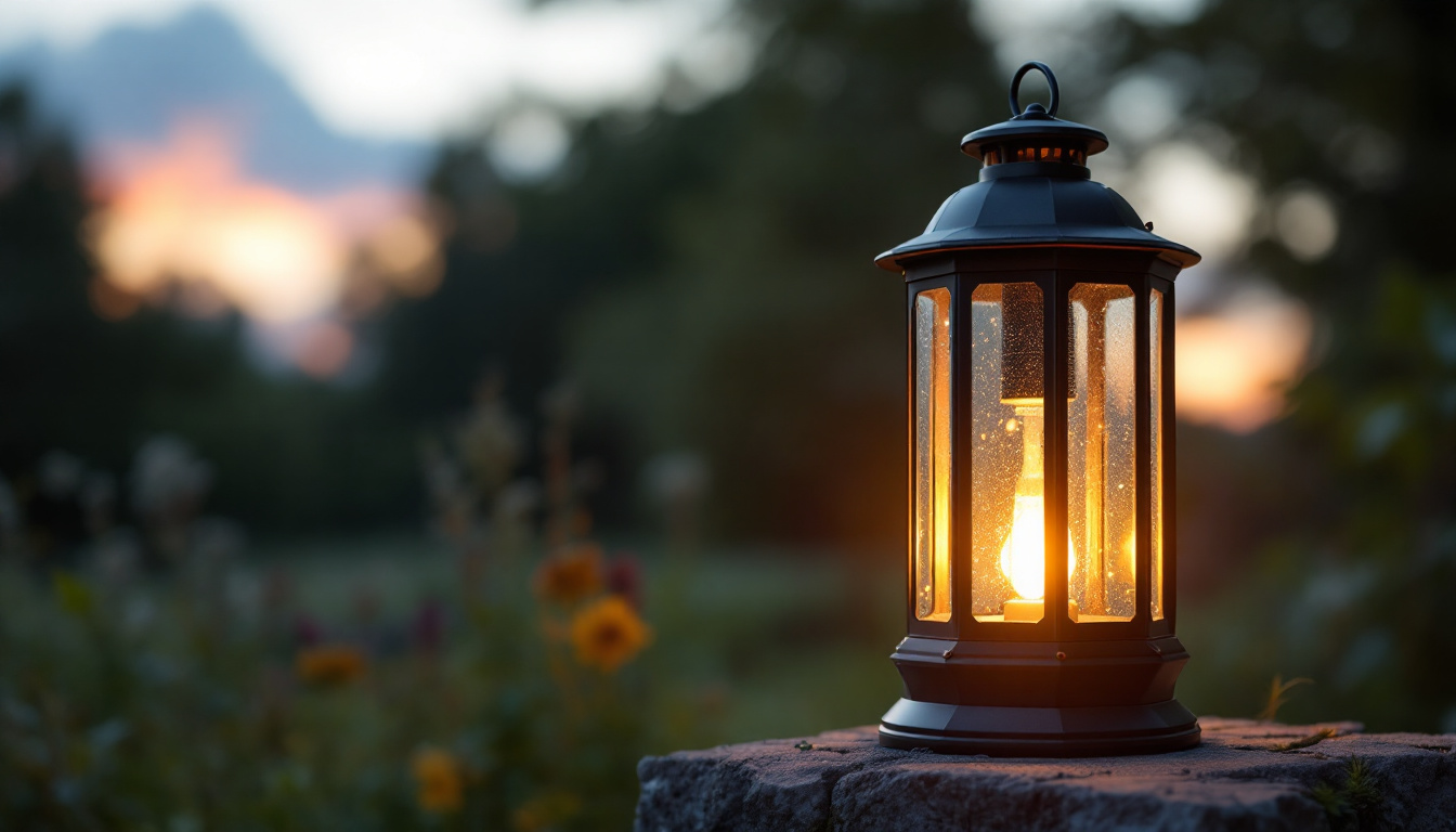 A photograph of a beautifully designed large solar lantern light illuminated at dusk