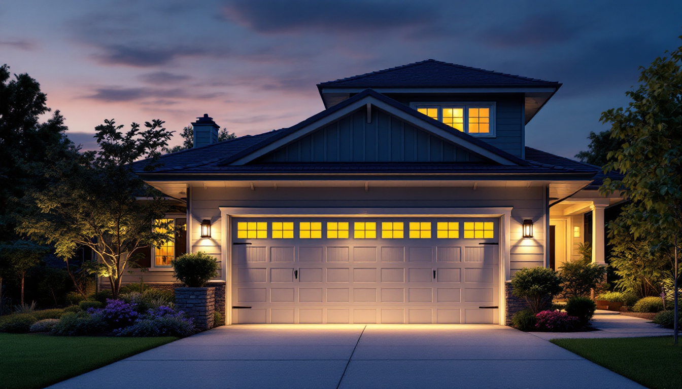 A photograph of a well-lit garage exterior at dusk