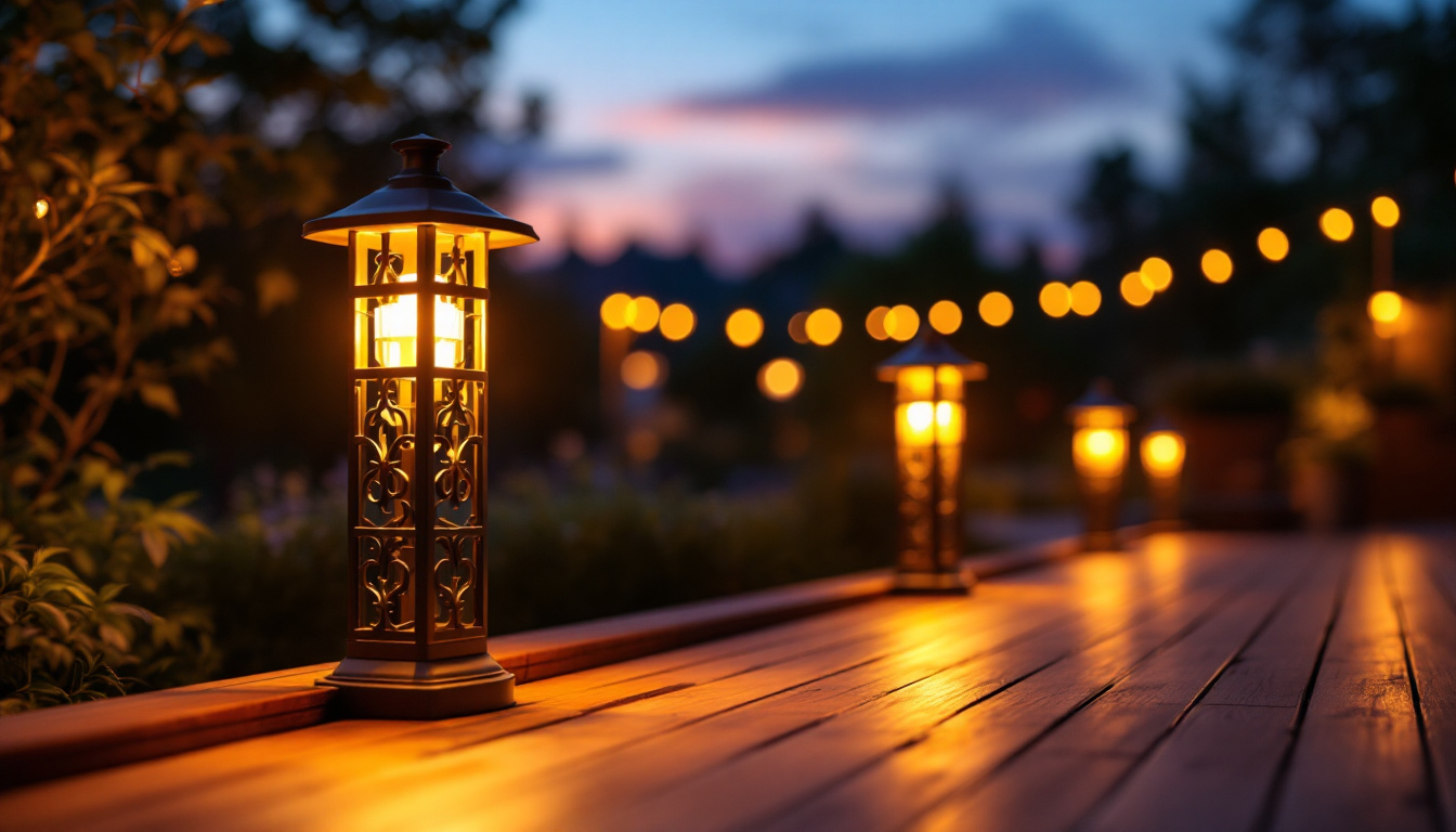 A photograph of a beautifully designed outdoor deck adorned with stylish lamps