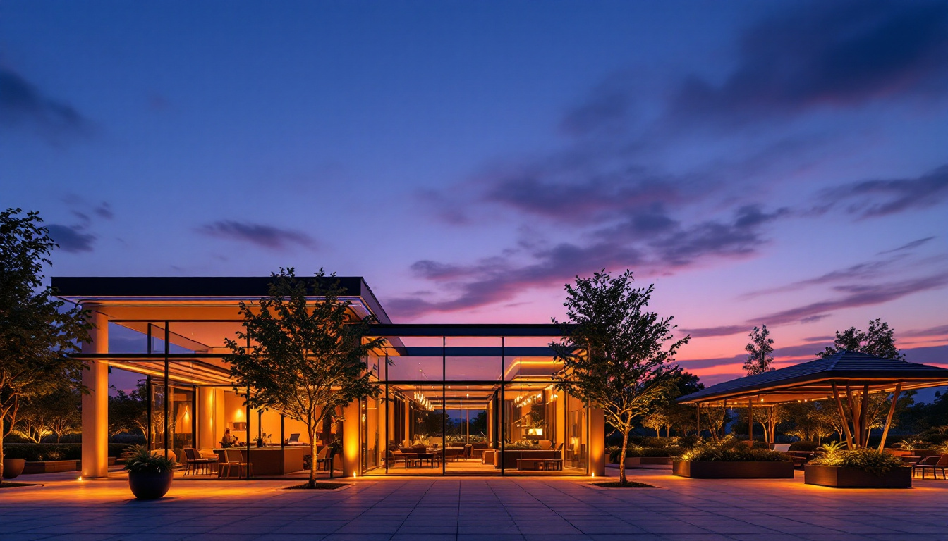 A photograph of a beautifully illuminated exterior space at dusk