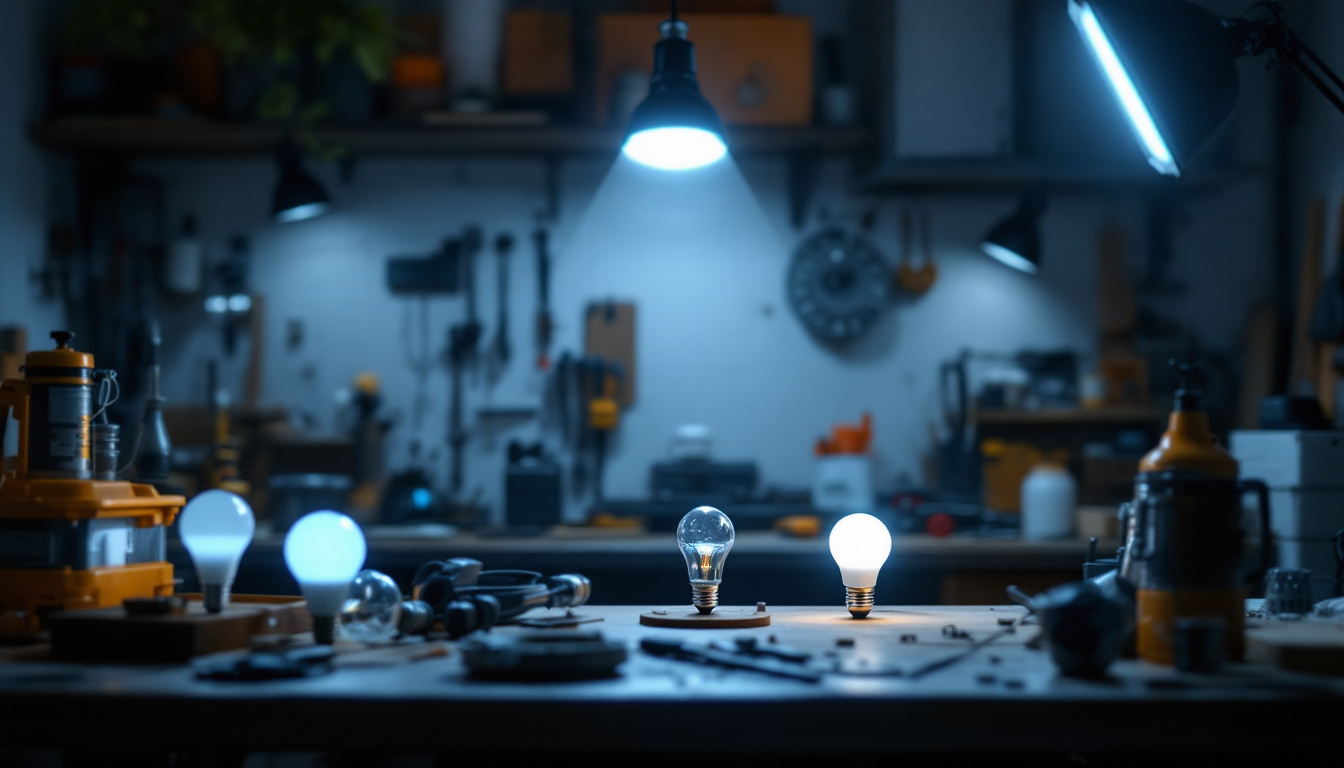 A photograph of a well-lit workspace featuring various led shop light bulbs in use