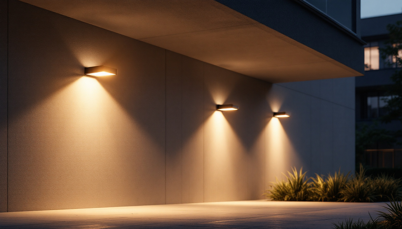 A photograph of a well-lit outdoor space showcasing various led wall pack lights installed on a building