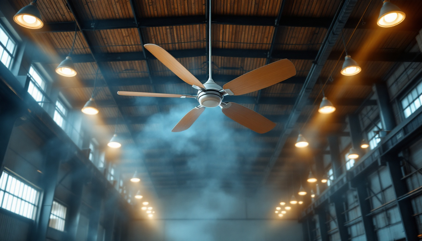 A photograph of a spacious warehouse interior showcasing a large ceiling fan in action