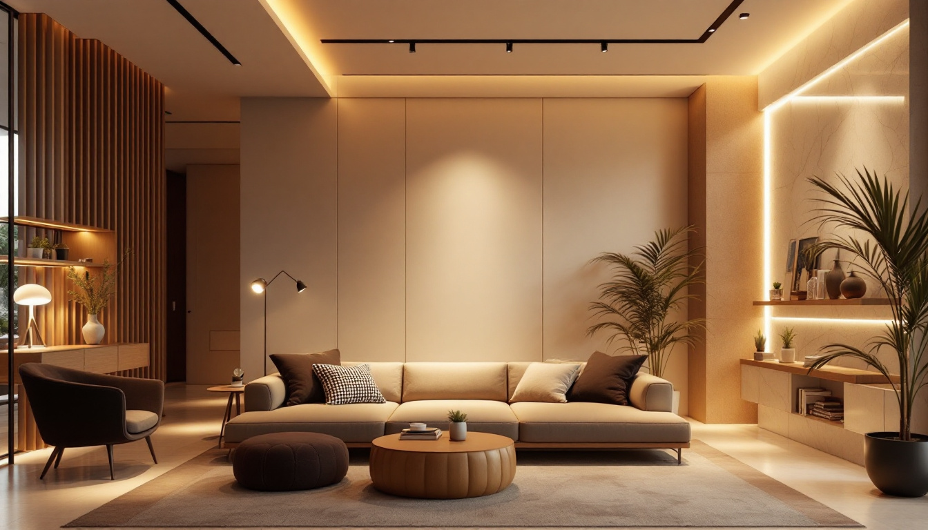 A photograph of a stylish interior space featuring recessed led spotlights illuminating key design elements