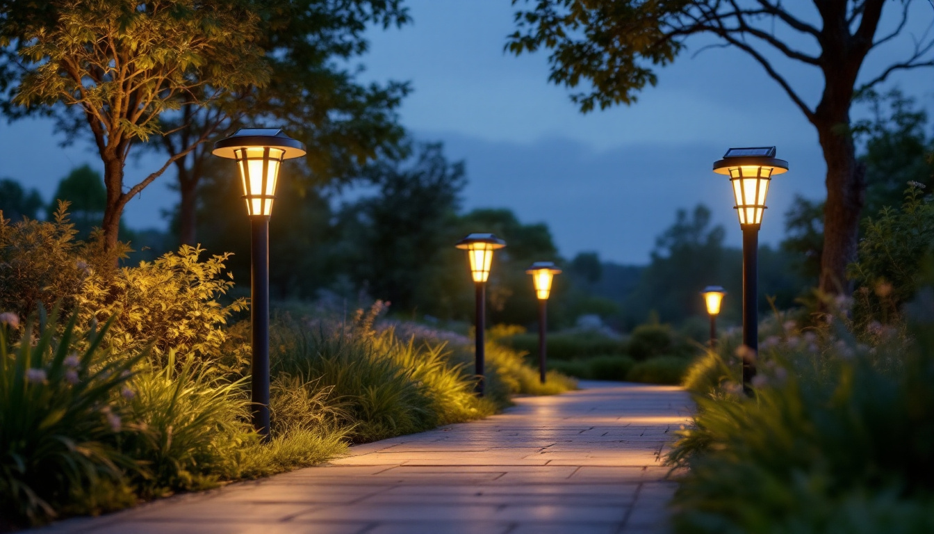 A photograph of a beautifully lit outdoor pathway featuring several solar bollard lights in various styles