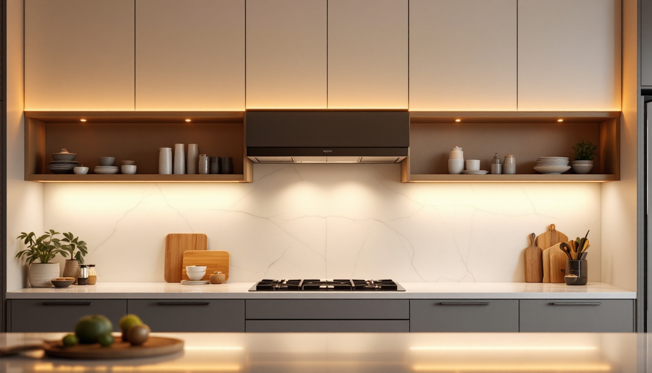 A photograph of a beautifully illuminated kitchen featuring stylish over cabinet lights