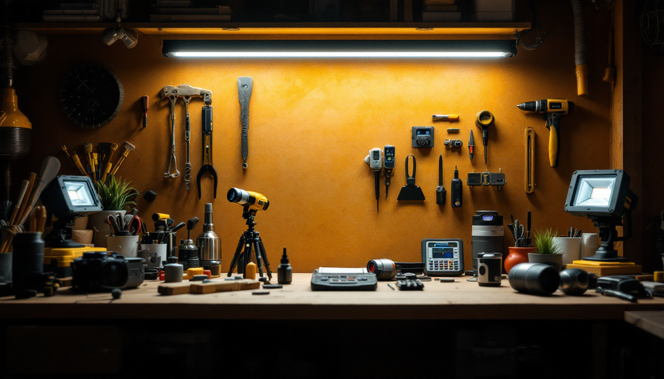 A photograph of a well-lit workspace featuring a versatile led job light illuminating various tools and materials