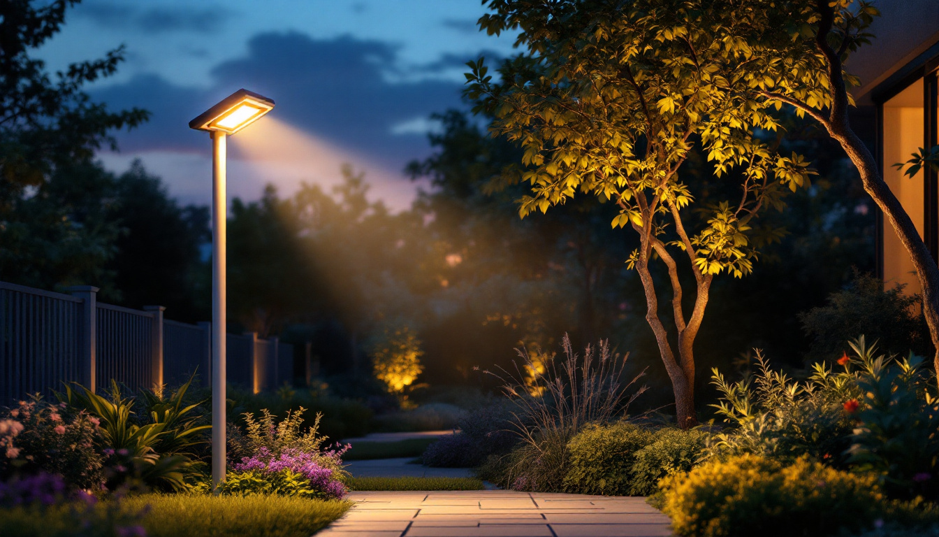 A photograph of a solar floodlight illuminating a beautifully landscaped outdoor space at dusk