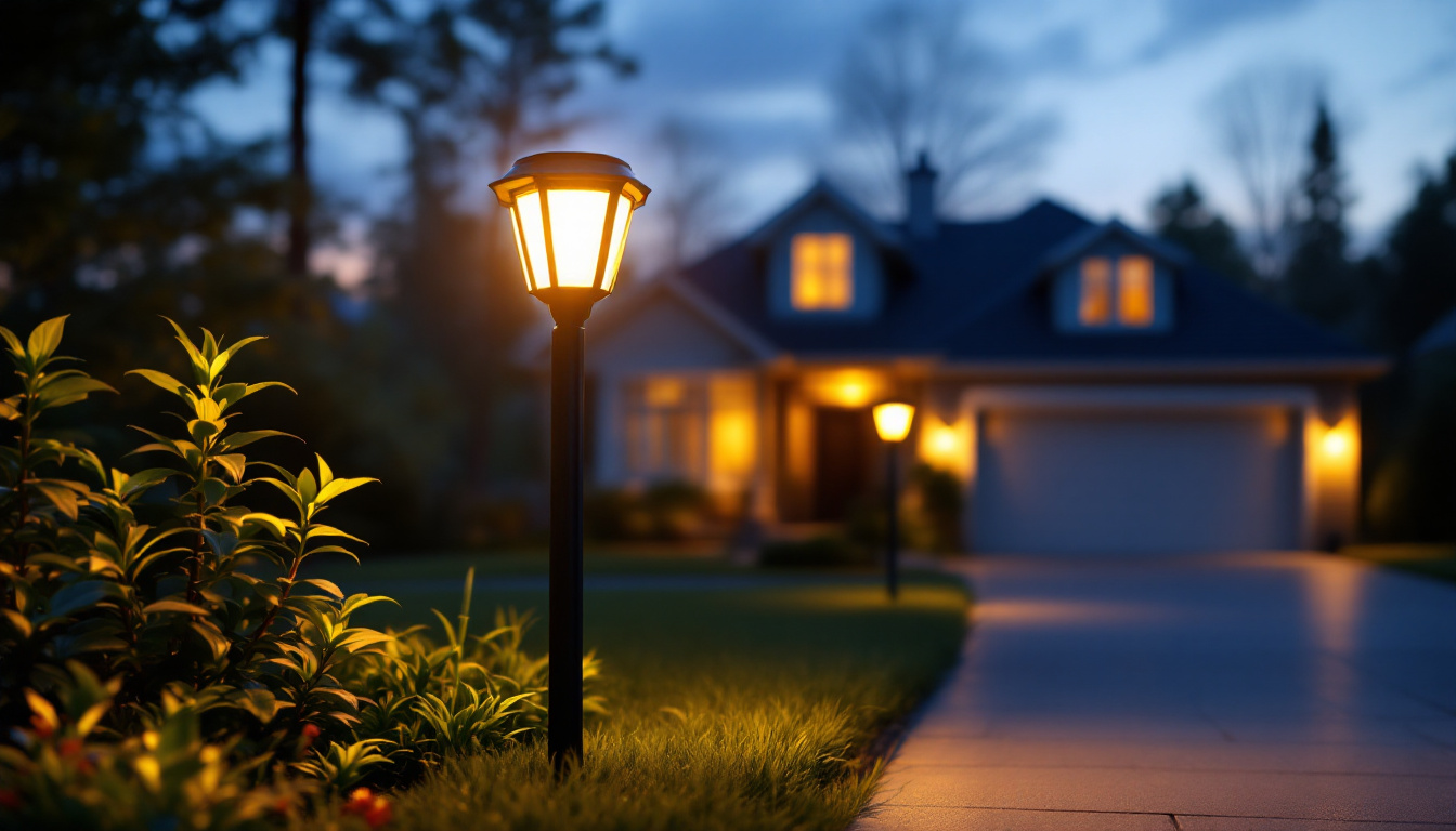 A photograph of a beautifully illuminated solar light driveway post at dusk