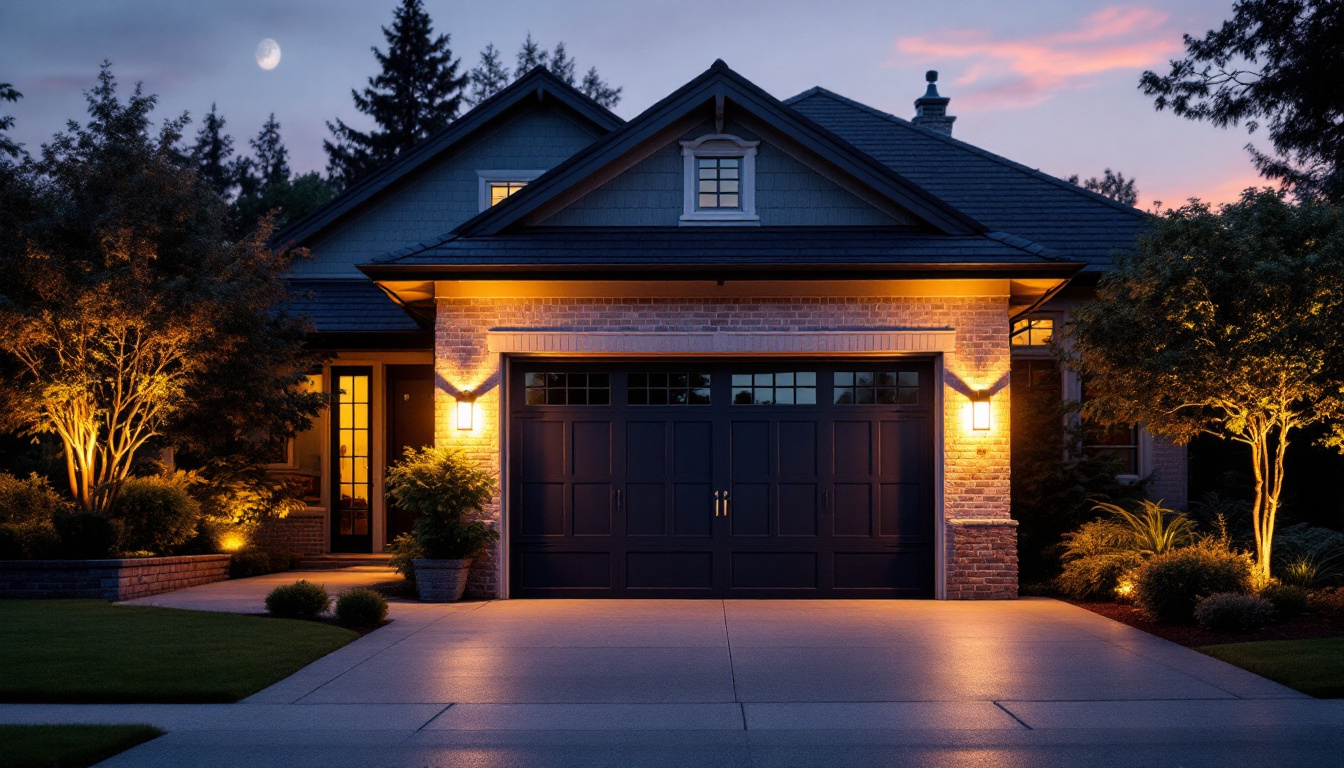 A photograph of a beautifully illuminated garage door at dusk