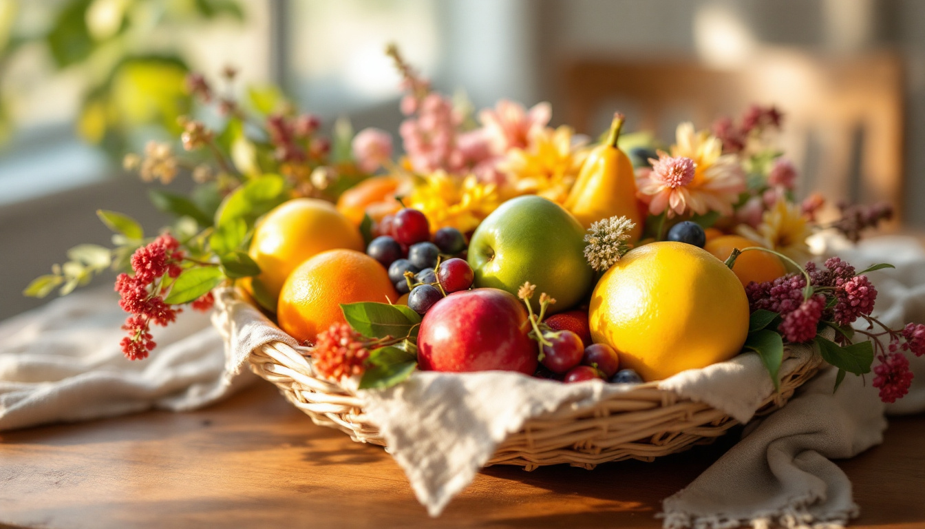 A photograph of a beautifully arranged center basket filled with various fruits and flowers