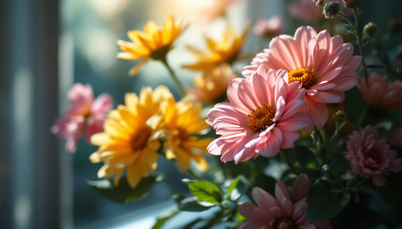 A photograph of a beautifully arranged bouquet of flowers illuminated by soft