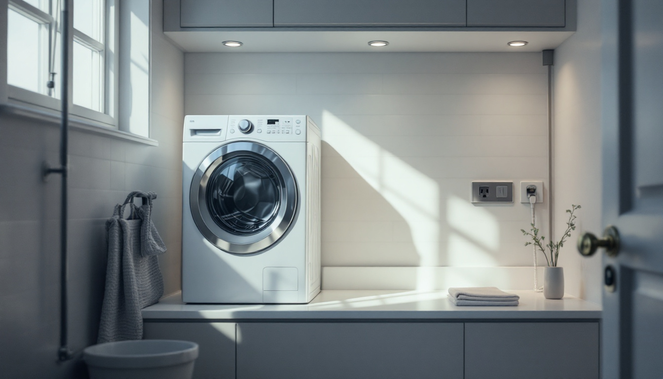 A photograph of a well-lit laundry room featuring a washer and dryer with a clear view of the electrical outlet and lighting fixtures