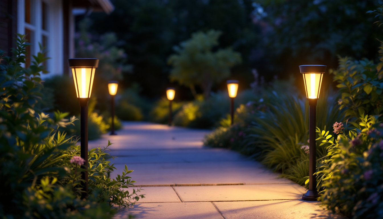 A photograph of a beautifully landscaped garden at dusk