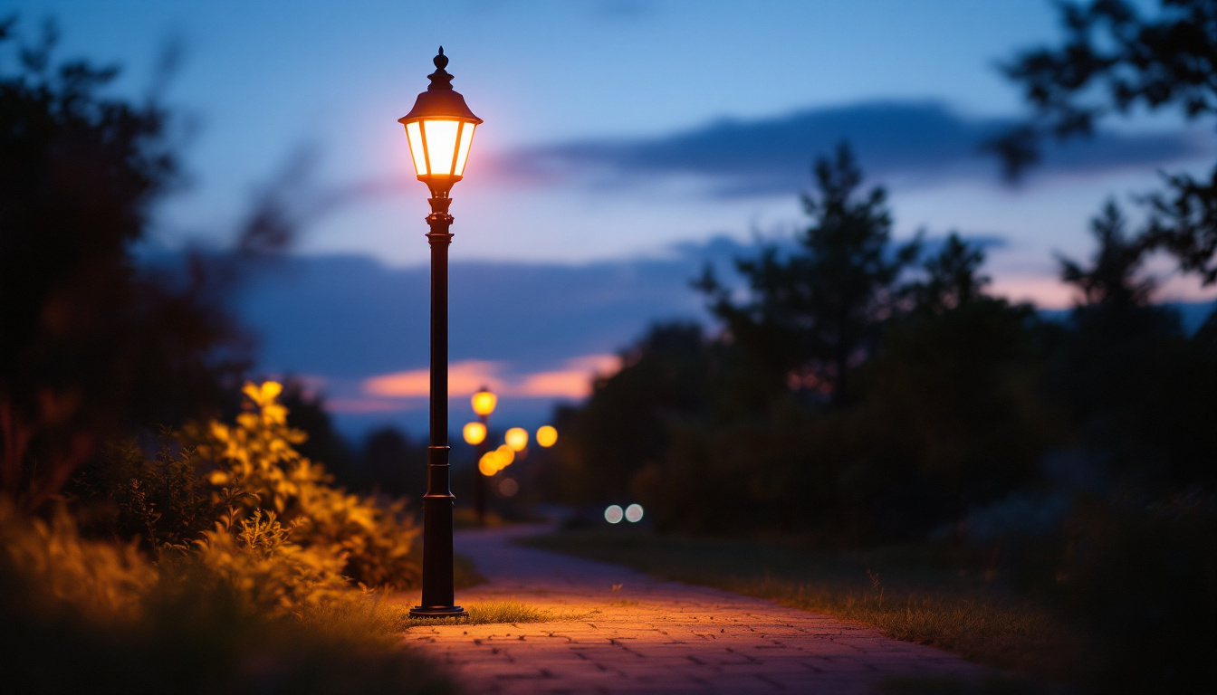 A photograph of capture a photograph of a stylish lamp post with an illuminated base at dusk