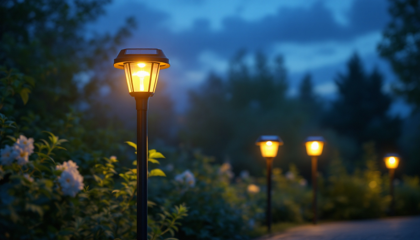 A photograph of a beautifully illuminated outdoor setting featuring solar lights installed on posts