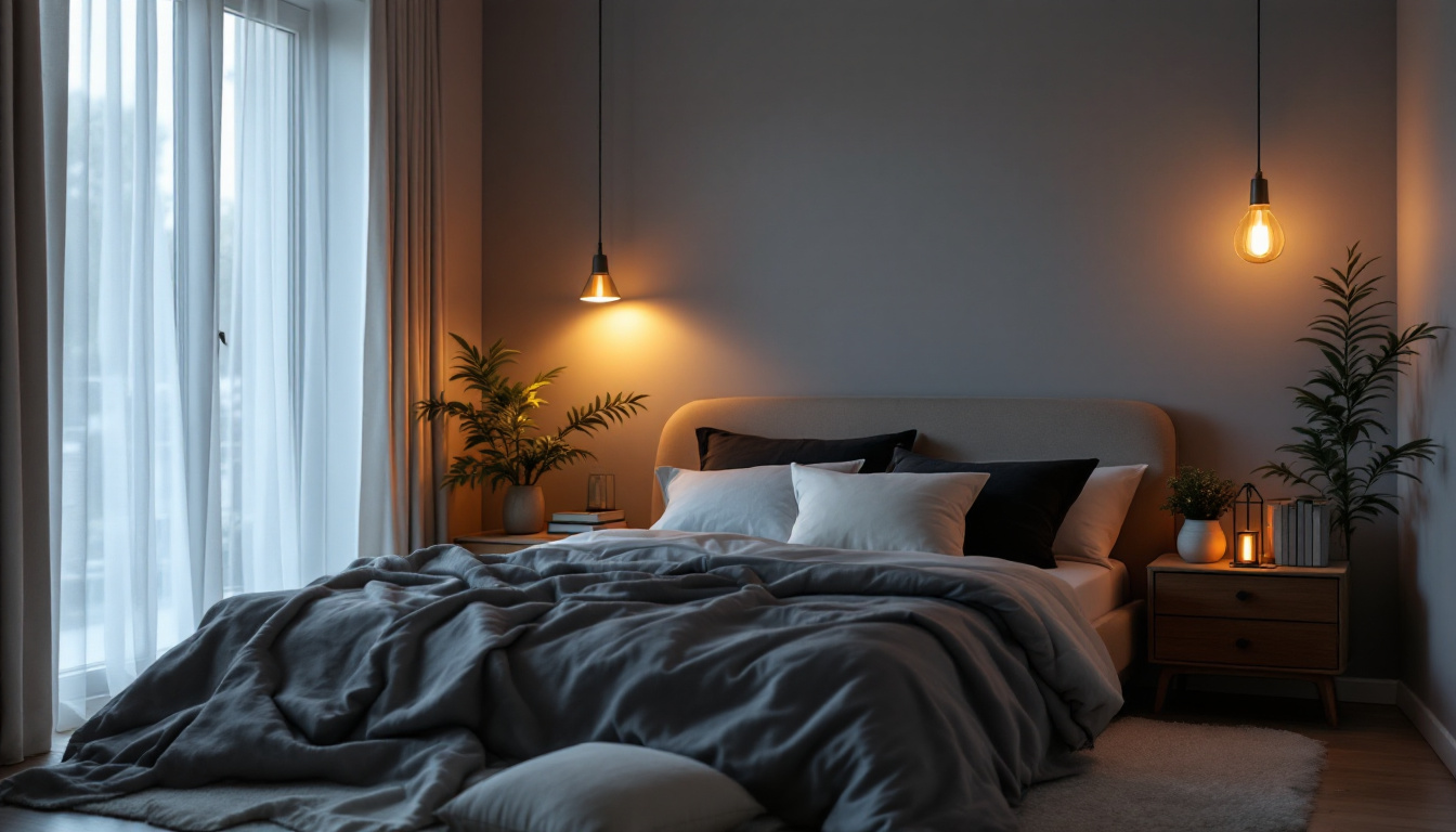 A photograph of a beautifully designed bedroom featuring stylish pot lights