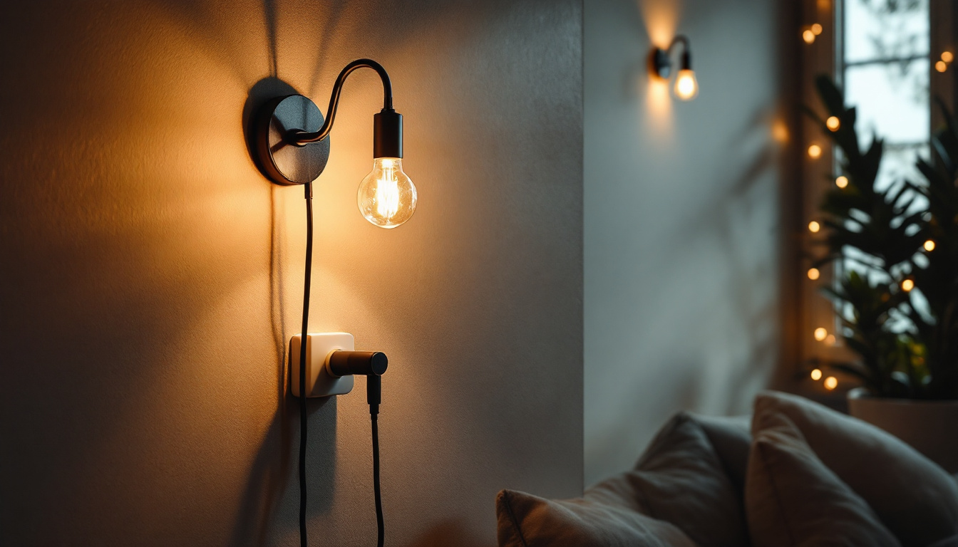 A photograph of a stylish wall light fixture plugged into a cozy