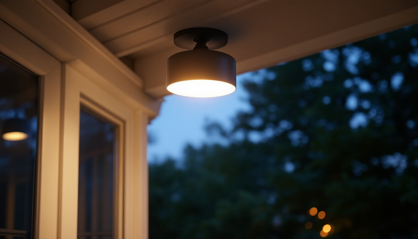 A photograph of a stylish motion sensor outdoor ceiling light installed on a porch or patio