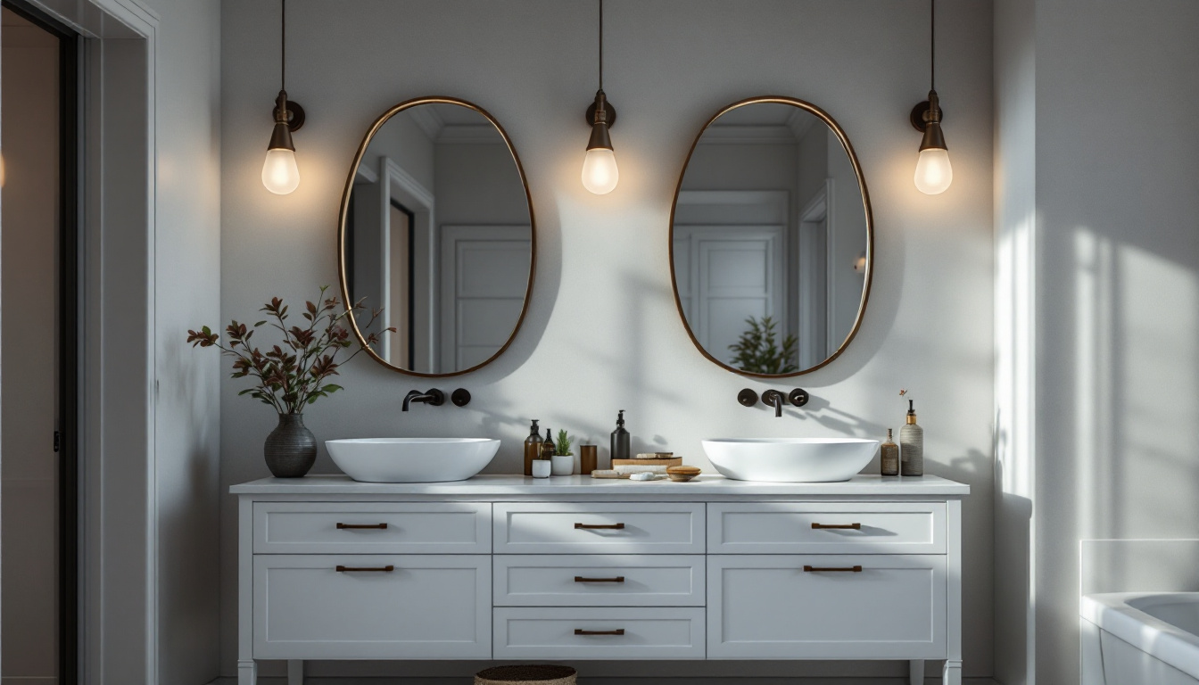 A photograph of a beautifully styled bathroom vanity with elegant lighting fixtures that highlight the vanity's features