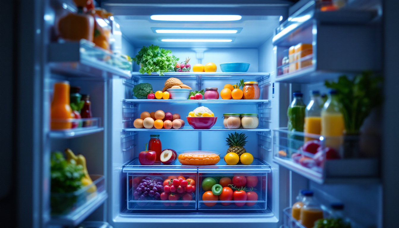 A photograph of a brightly lit open refrigerator showcasing a vibrant assortment of food items