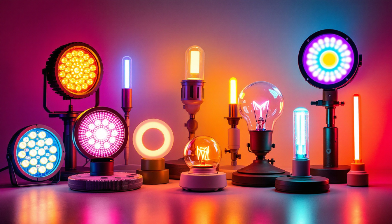 A photograph of a vibrant arrangement of eight led lights in various colors and styles