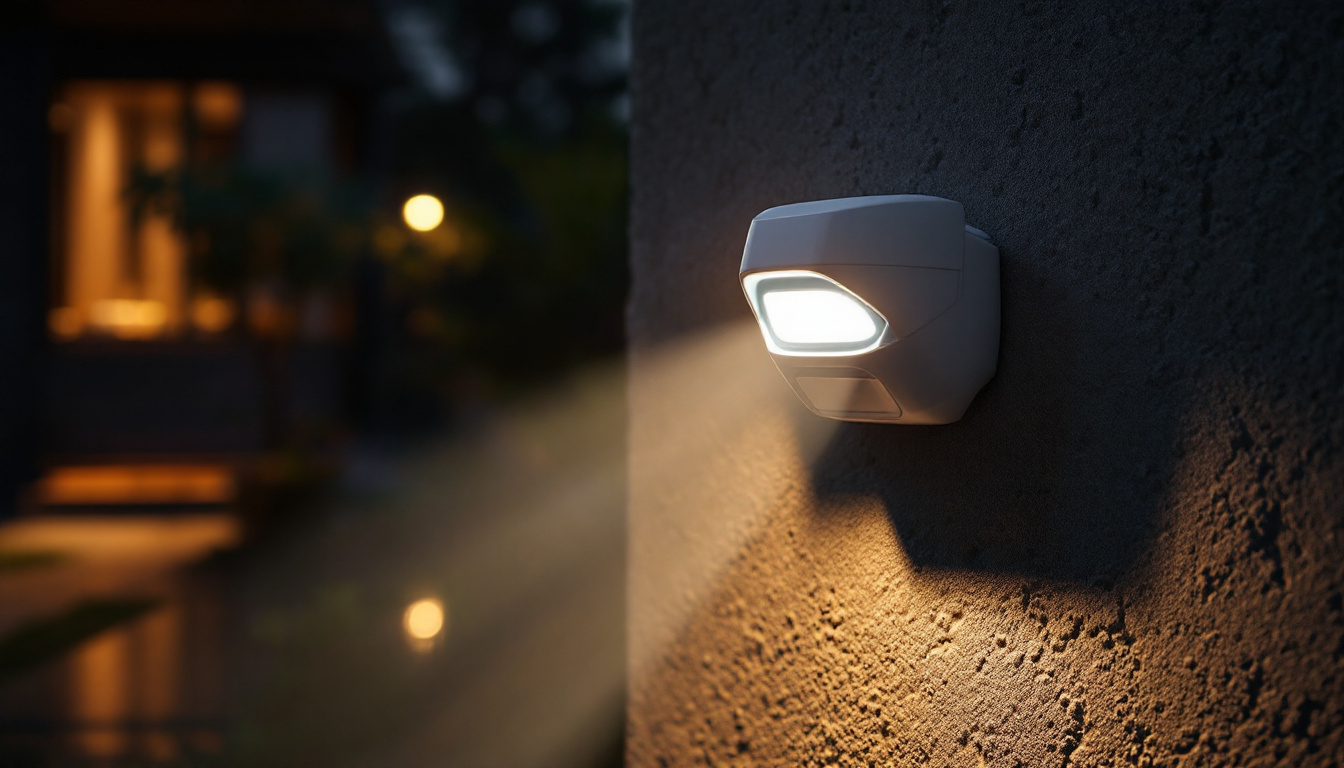 A photograph of a well-lit exterior setting featuring a motion detector alarm in action