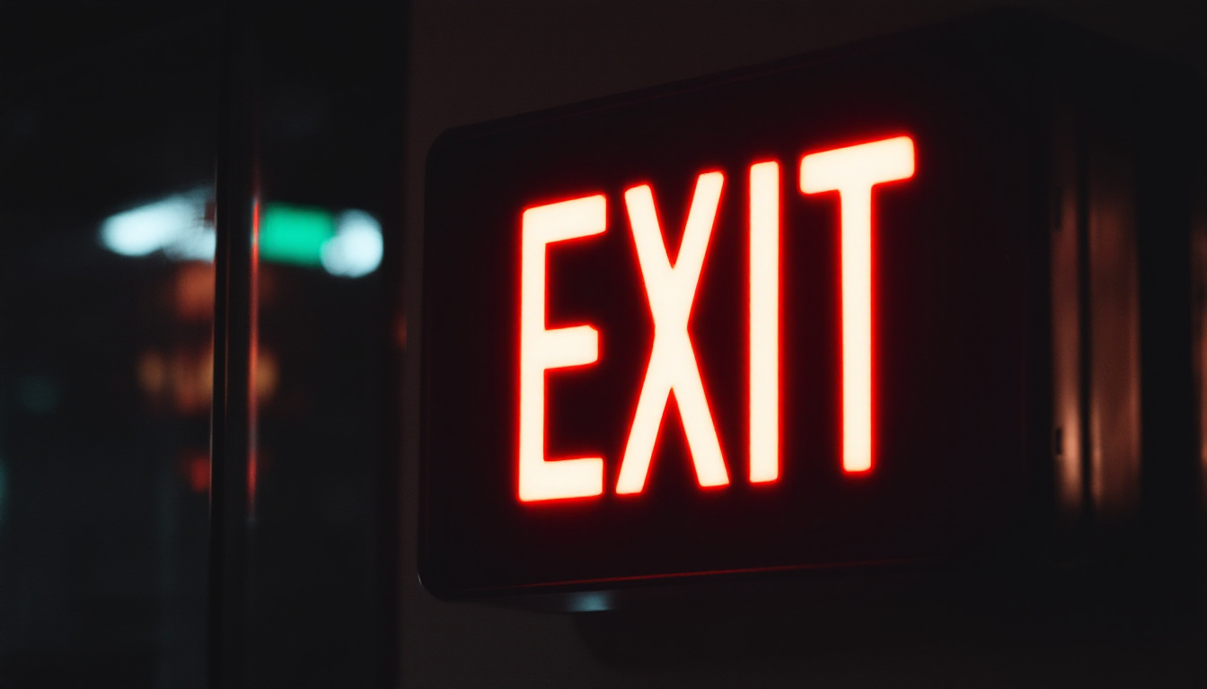 A photograph of a close-up view of an illuminated exit sign in a dimly lit environment