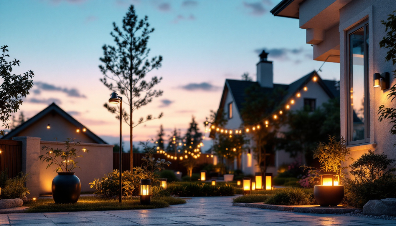 A photograph of a beautifully illuminated outdoor space featuring a variety of stylish lighting fixtures