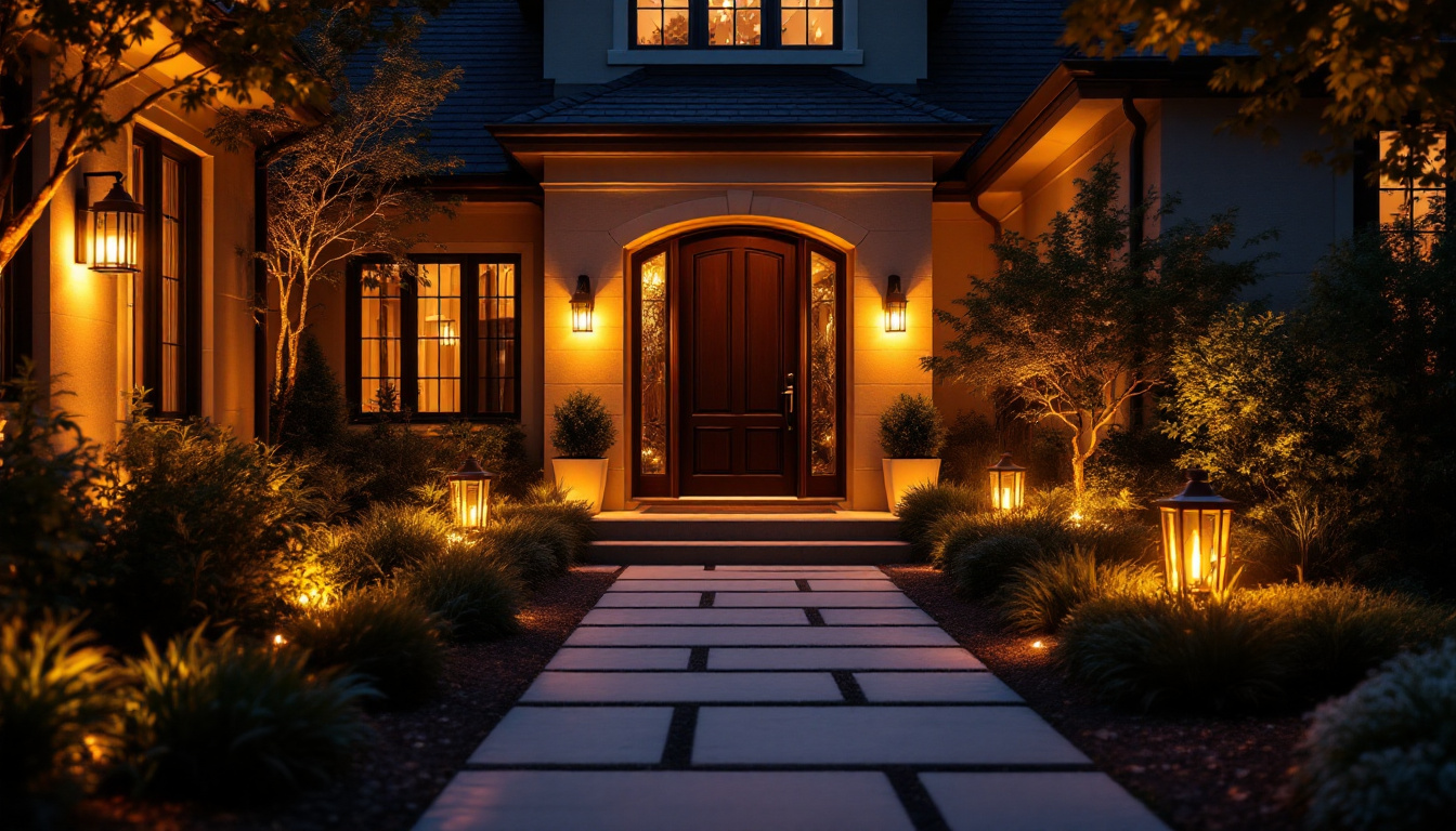 A photograph of a beautifully lit exterior entryway at dusk