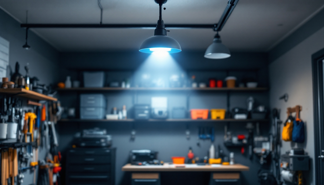 A photograph of a bright and modern led garage light fixture installed in a well-organized garage space