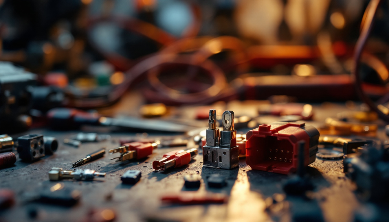 A photograph of a close-up of various types of electrical clips and connectors arranged artistically on a workbench