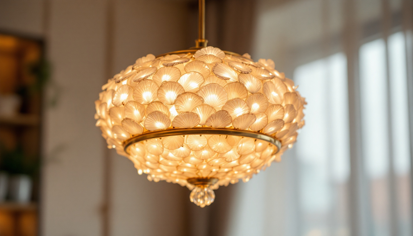 A photograph of a beautifully illuminated capiz chandelier